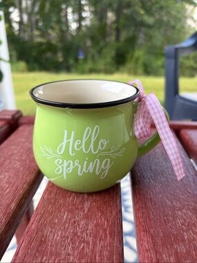 Green "Hello Spring" Ceramic Mug with Pink Ribbon Accent